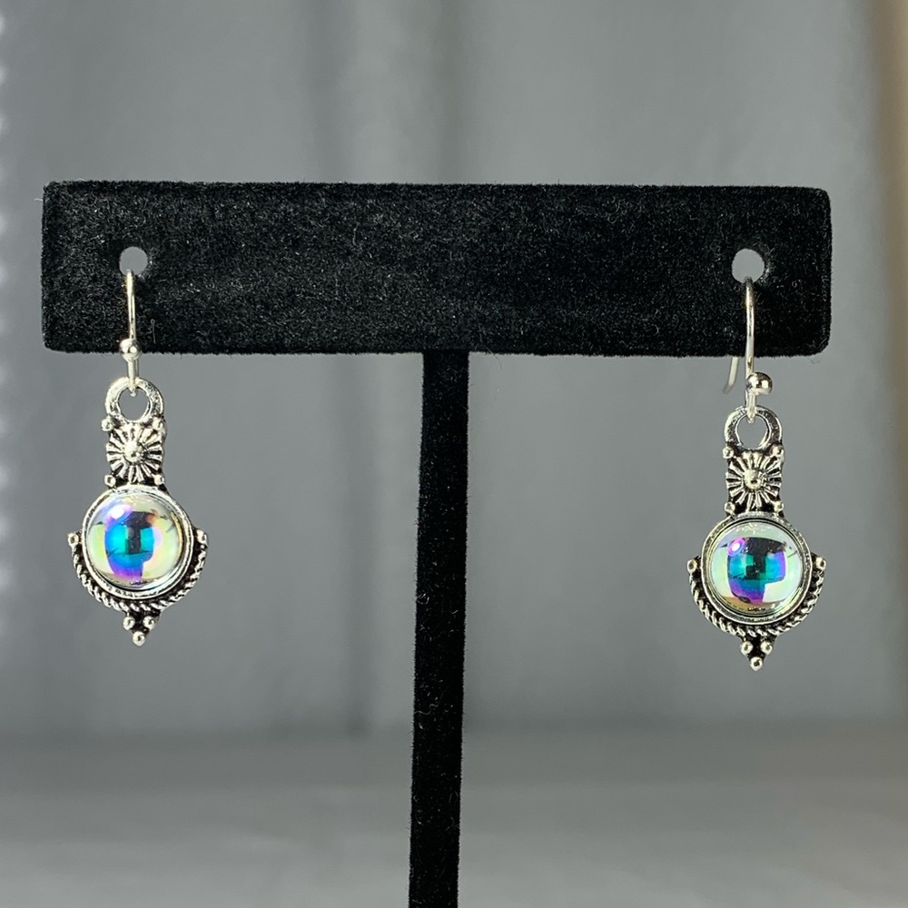 4/$10 Boho Vintage Silver Plated Iridescent Dangle Earrings - Picture 1 of 2